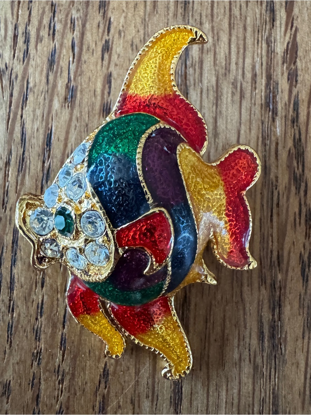 Vintage Enamel & Rhinestone Angelish Brooch – Vibrant Tropical Colors